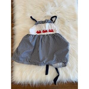 Honey Bean crab embroidered top blue gingham size 4 EUC